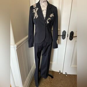Women’s Pinstripe Blazer Pants Suit with Lace Accents